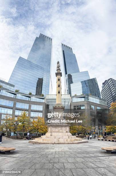 panoramic look up view of columbus circle - time warner center stock pictures, royalty-free photos & images