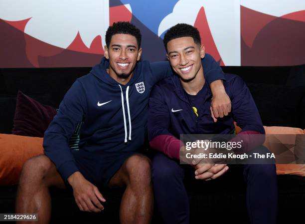 Jude Bellingham of England and Jobe Bellingham of England Under-21s pose for a photo at St George's Park on November 11, 2024 in Burton upon Trent,...