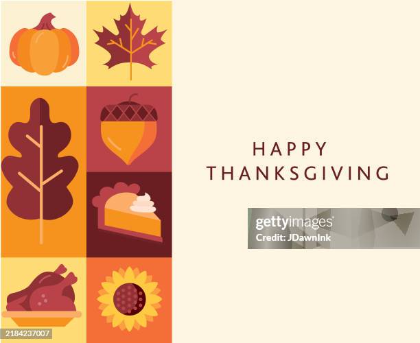 happy thanksgiving greeting design template geometric mosaic style with fall, food and drink elements - happy thanksgiving stock illustrations