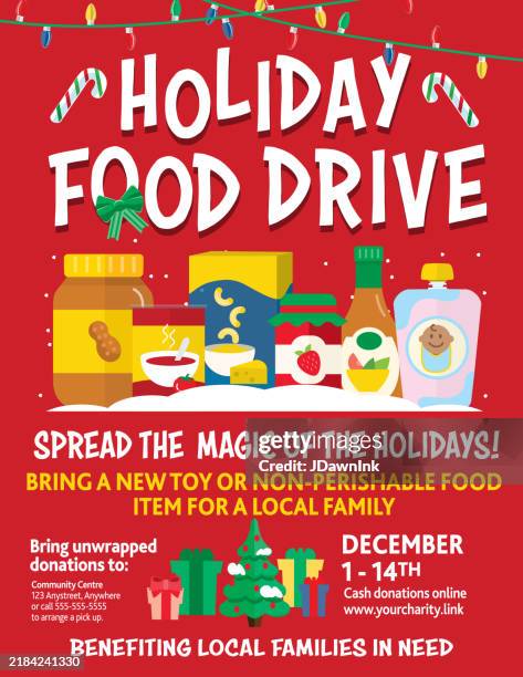 illustrazioni stock, clip art, cartoni animati e icone di tendenza di modello di grafica per poster pubblicitario di beneficenza holiday food drive con prodotti alimentari - raccolta alimentare