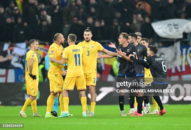 Kosovo's players argue with Romania's players before leaving the pitch during the extra-time of the UEFA Nations League, League C, Group 2 football...