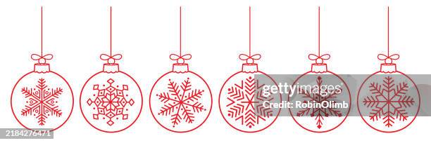 six red line art hanging christmas ornaments - hanging stock illustrations