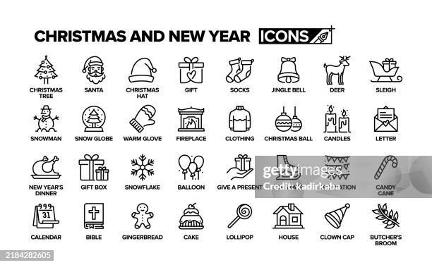 ilustrações de stock, clip art, desenhos animados e ícones de christmas and new year line icon set. group of object. santa, gift, snowman, christmas tree, snow globe. - lareira natal