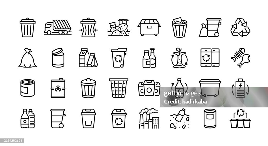 Symbolsatz für die Abfallwirtschaftslinie. Gruppe von Objekten, Abfall, Müll, Recycling, Mülldeponie, Müllwagen, Müllabfuhr, Mülltonne, Recyclingtonne.