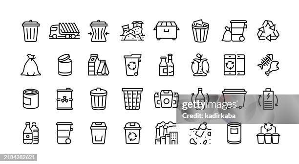 symbolsatz für die abfallwirtschaftslinie. gruppe von objekten, abfall, müll, recycling, mülldeponie, müllwagen, müllabfuhr, mülltonne, recyclingtonne. - biologisch abbaubar stock-grafiken, -clipart, -cartoons und -symbole