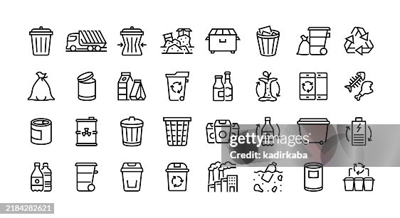 Waste management line icon set. Group of object, waste, garbage, recycling, garbage dump, garbage truck, waste collection, wheelie bin, recycling bin. Waste management line icon set. Group of object, waste, garbage, recycling, garbage dump, garbage truck, waste collection, wheelie bin, recycling bin.