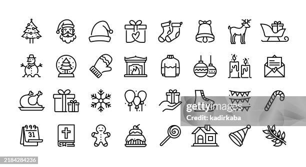 weihnachts- und neujahrslinie icon set. gruppe von objekten. weihnachtsmann, geschenk, schneemann, weihnachtsbaum, schneekugel. - nikolaus stock-grafiken, -clipart, -cartoons und -symbole