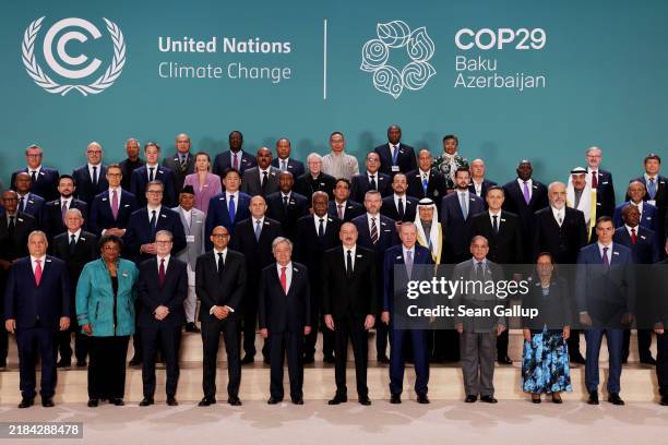 World leaders and delegates pose for a family photo on day two of the UNFCCC COP29 Climate Conference at Baku Stadium on November 12, 2024 in Baku,...
