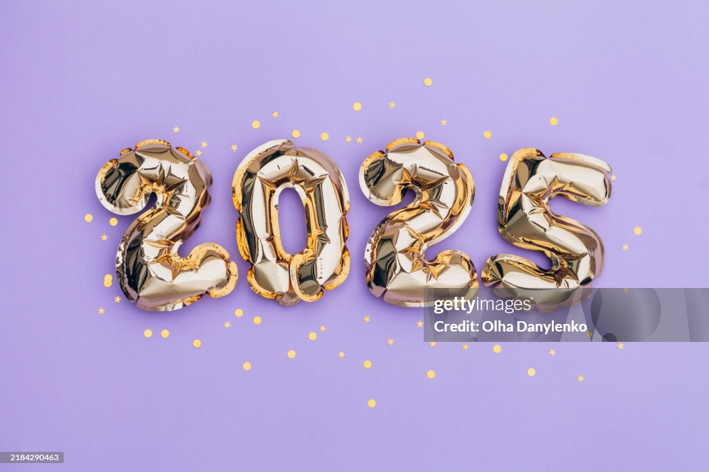 2025 Gold Foil Balloons with golden glitter on purple background