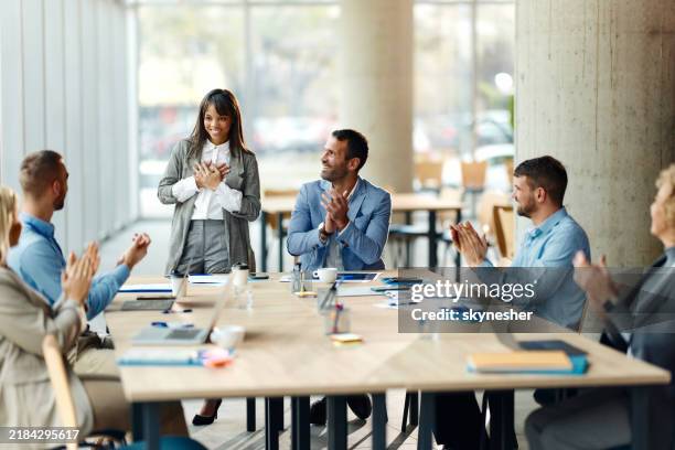 applauding after successful business meeting! - audit stock pictures, royalty-free photos & images