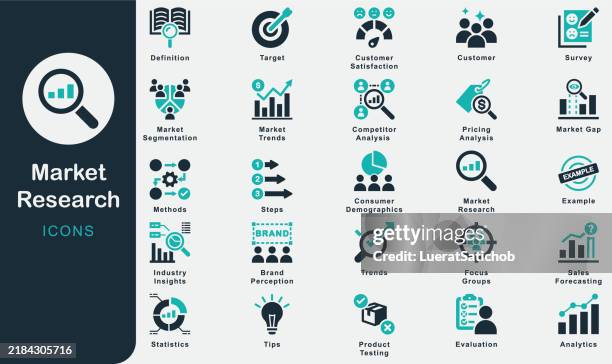 market research solid icons collection.containing business, definition, methods, steps, tips, example, consumer demographics, competitor
analysis, market trends, product testing, customer satisfaction - digital marketing content stock illustrations