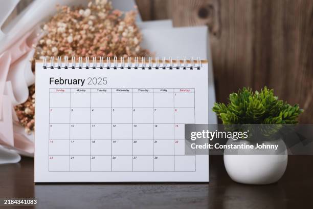 february 2025 desk calendar with dried flowers and potted plant - febrero fotografías e imágenes de stock