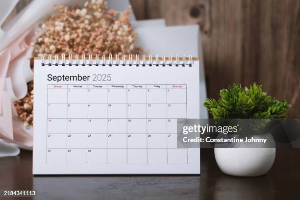september 2025 desk calendar with dried flowers and potted plant - tischkalender stock-fotos und bilder