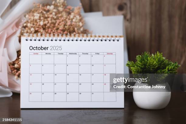 october 2025 desk calendar with dried flowers and potted plant - october stock pictures, royalty-free photos & images