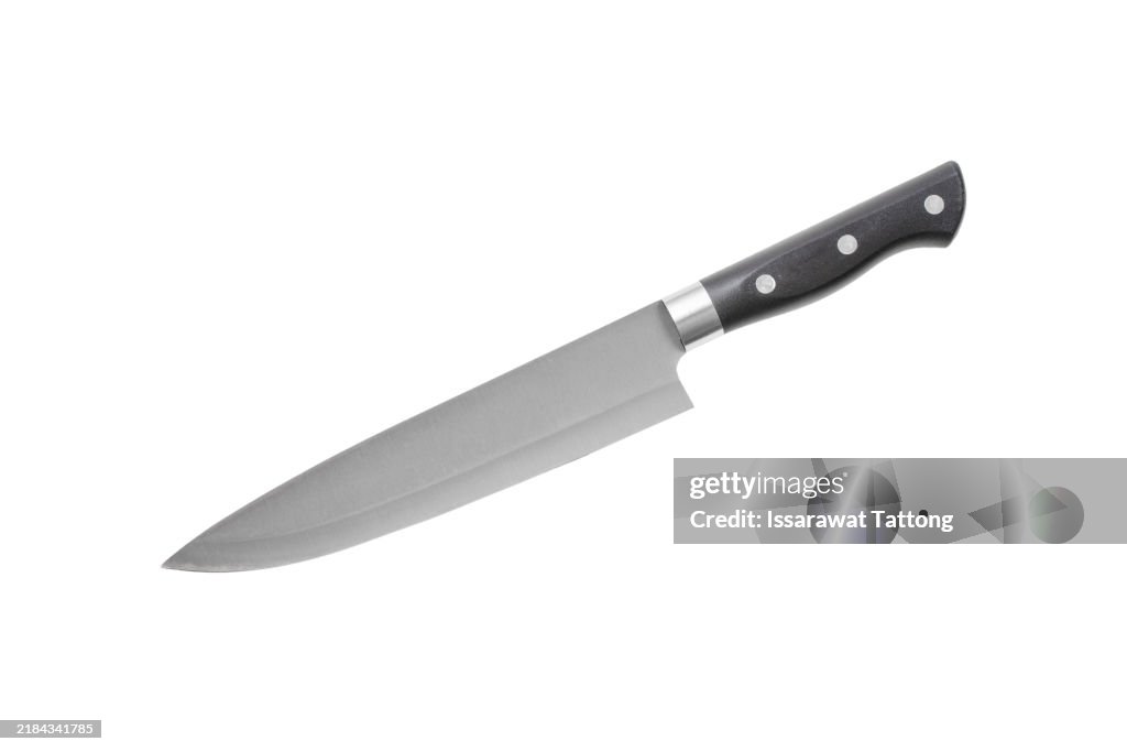 A silver knife with a black handle