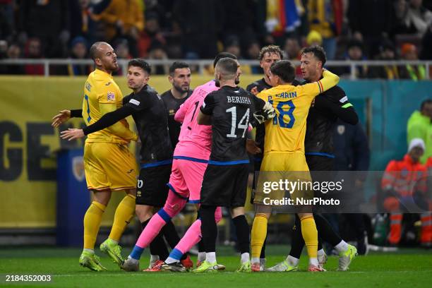 Amir Rrahmani and Denis Alibec during the UEFA Nations League, League C, Group 2 football match between Romania and Kosovo at the National Arena...