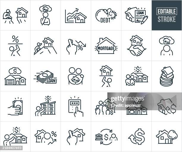 unaffordable housing thin line icons - editable stroke - buying a house stock illustrations