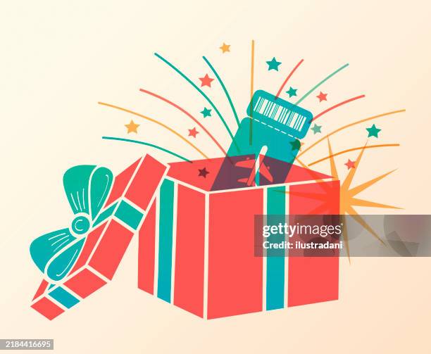 open red gift box with travel ticket and fireworks coming out - exploding box stock illustrations