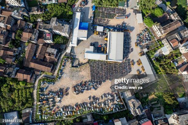 aerial view of an open-air motorcycle parking lot - car open roof stock pictures, royalty-free photos & images
