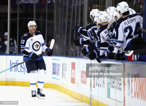 Gabriel Vilardi of the Winnipeg Jets celebrates his second period goal against the Winnipeg Jets at Madison Square Garden on November 12, 2024 in New...