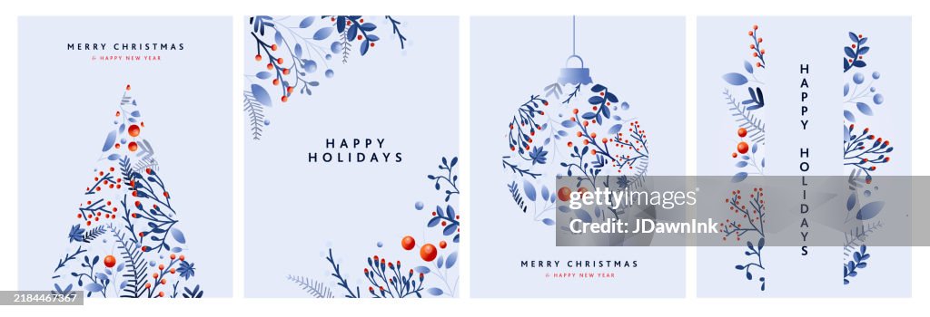 Set of Merry Christmas Greeting card design templates in blue with Christmas Tree shape made from hand drawn branches and florals