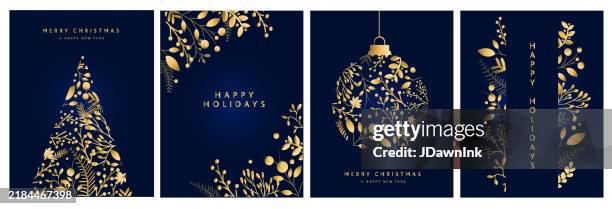 set of merry christmas greeting card design templates in dark blue with christmas tree shape made from golden hand drawn branches and florals - gold gradient stock illustrations