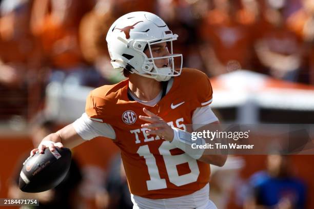 Arch Manning of the Texas Longhorns looks to pass in the second half against the Florida Gators at Darrell K Royal-Texas Memorial Stadium on November...