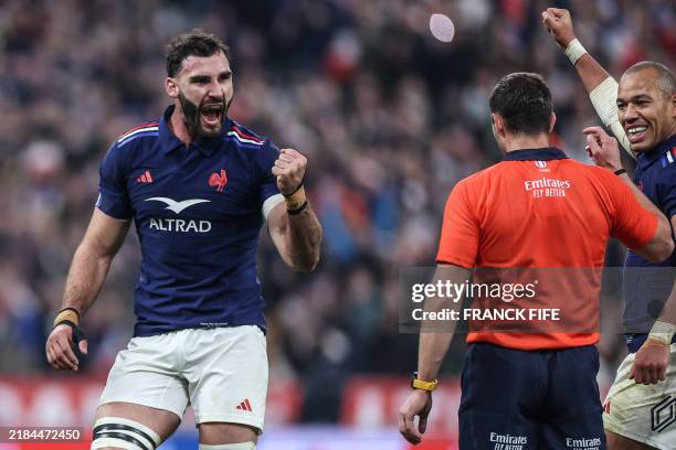 France's flanker Charles Ollivon celebrates France's victory at the end of the Autumn Nations Series international rugby union test match between...