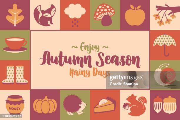 autumn greeting card - icons frame - v3 - umbrella frame stock illustrations
