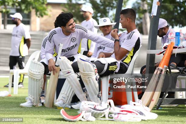 Shubman Gill of India talks with Yashasvi Jaiswal during an India Test squad training session at WACA Ground on November 13, 2024 in Perth, Australia.