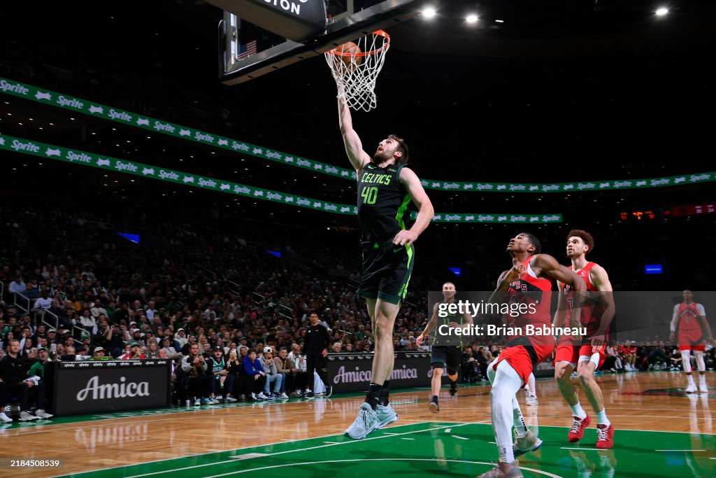 Luke Raptors Luke Kornet of the Boston Celtics shoots the ball during the game ...