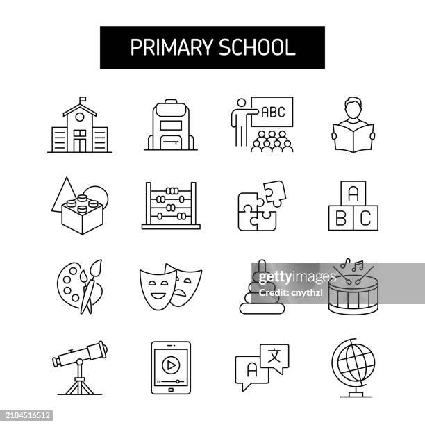 primary school line icon set. child, student, early education, learning - elementary school library stock illustrations
