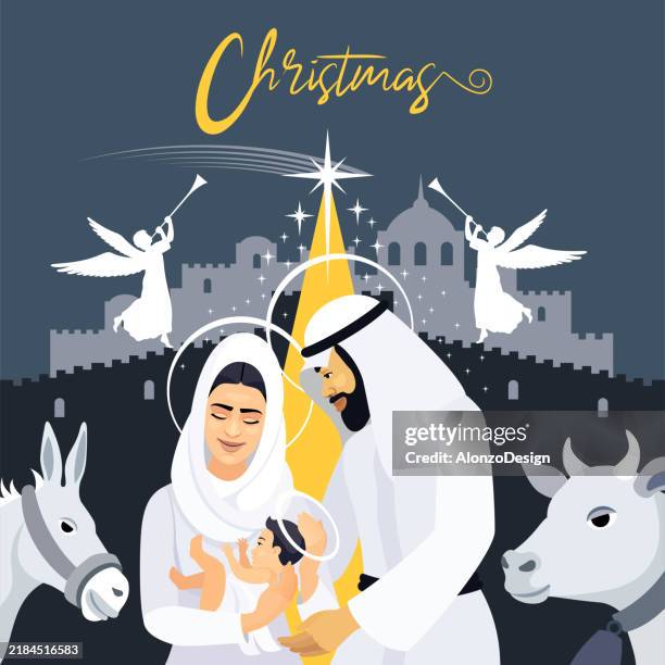 mary, joseph, and the holy child. - nativity stable stock illustrations