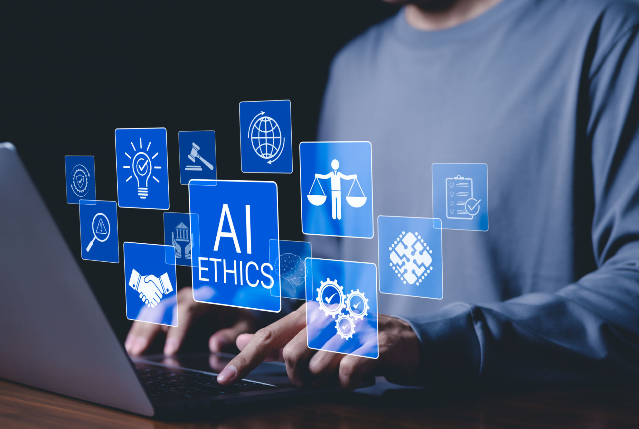 AI Ethics and Governance in Artificial Intelligence. A person working on laptop with icons representing ethics, law, and governance in AI, importance of responsible AI usage, ethical decision-making, AI Ethics and Governance in Artificial Intelligence. A person working on laptop with icons representing ethics, law, and governance in AI, importance of responsible AI usage, ethical decision-making,