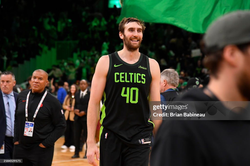 Luke Raptors Luke Kornet of the Boston Celtics smiles after the game against the ...