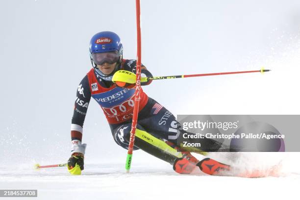 Mikaela Shiffrin of Team United States in action during the Audi FIS Alpine Ski World Cup Women's Slalom on November 16, 2024 in Levi, Finland.