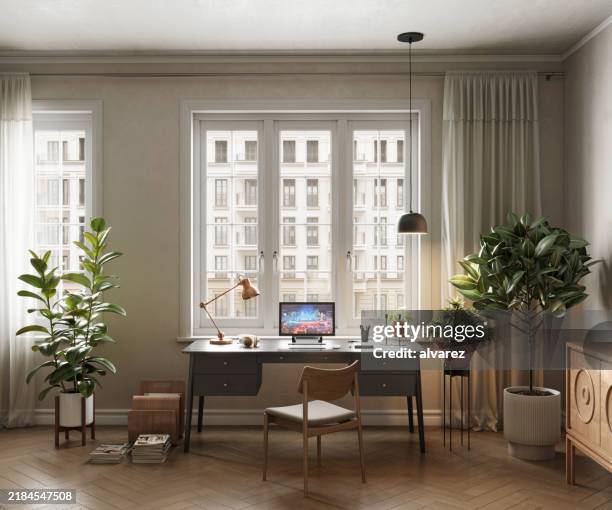 digitally generated stylish living room interior - home office stock pictures, royalty-free photos & images