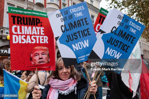 Climate activists from more than 60 organisations take part in a Climate Justice Coalition march on 16th November 2024 in London, United Kingdom. The...