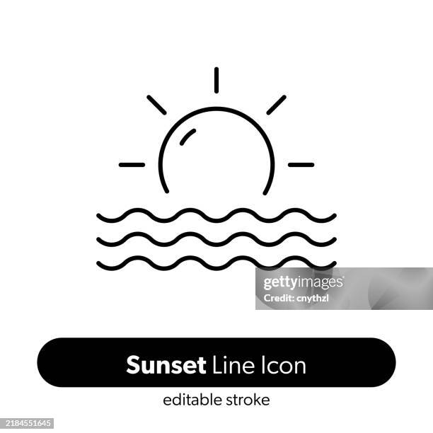 sunset line icon. editable stroke vector icon. - sea view stock illustrations