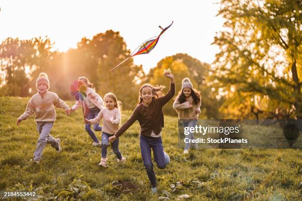 niños corriendo con cometa y molinete de juguete en un prado - cometa fotografías e imágenes de stock