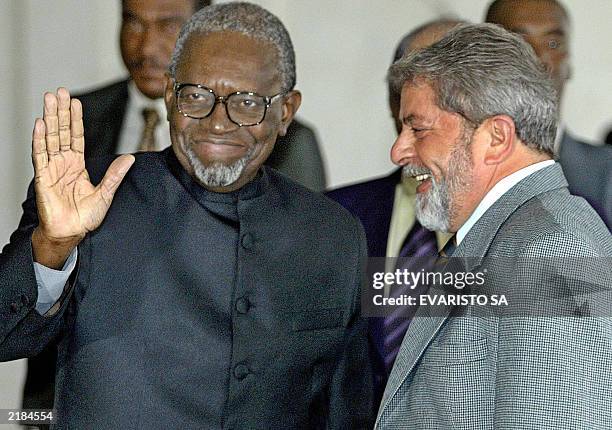 Runaldo Venetiaan , President of Surinam gestures beside Brazil's President Luiz Inacio Lula da Silva at the Itamaraty Palace in Brasilia. Both...