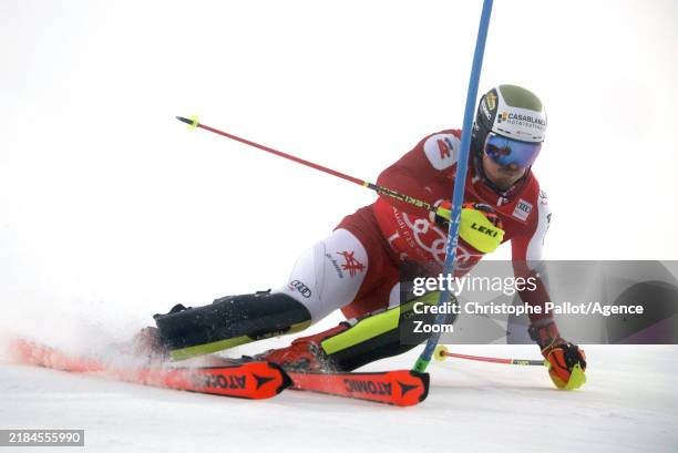 Manuel Feller of Team Austria in action during the Audi FIS Alpine Ski World Cup Men's Slalom on November 17, 2024 in Levi, Finland.