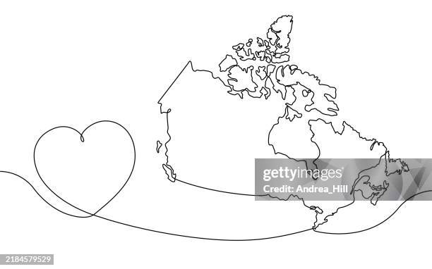 canada with heart single line drawing with a heart. editable stroke and copy space - black and white colobus stock illustrations