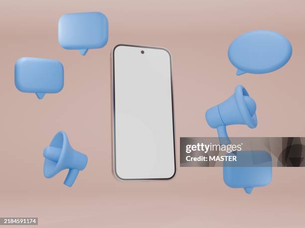 white empty screen smart phone with speech bubble messages. ai chatbot. phone mock up. online dating. customer support - cyborg stock-fotos und bilder
