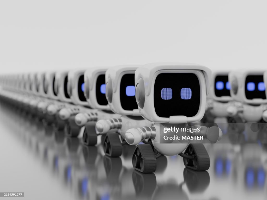 Large group of miniature ai robots in lines and rows, render