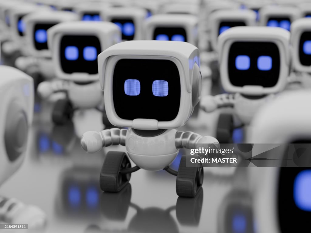 Large group of miniature ai robots in lines and rows, render