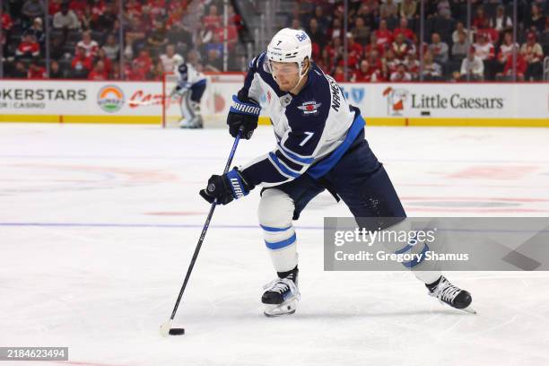 Vladislav Namestnikov of the Winnipeg Jets plays against the Detroit Red Wings at Little Caesars Arena on October 30, 2024 in Detroit, Michigan.