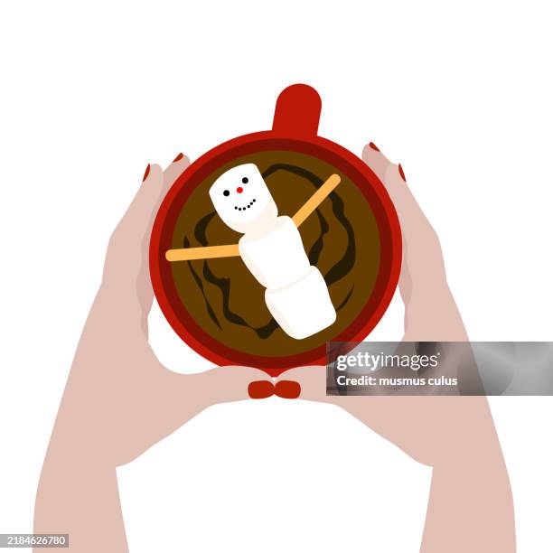 comfortable winter warmth. "hot cocoa marshmallow snowman" - hand holding pretzel stock illustrations