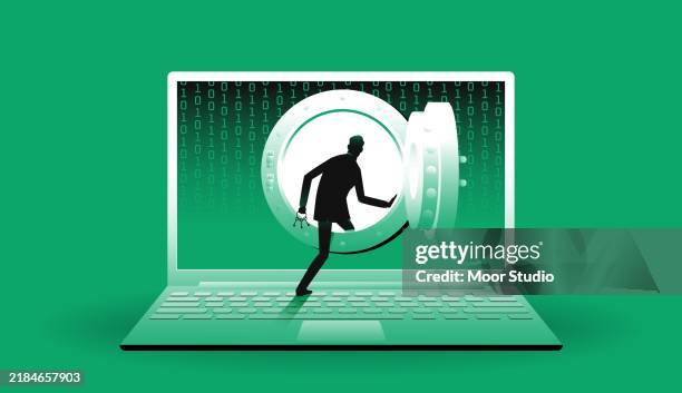 stockillustraties, clipart, cartoons en iconen met hacker opening vault door in laptop illustration - computer virus