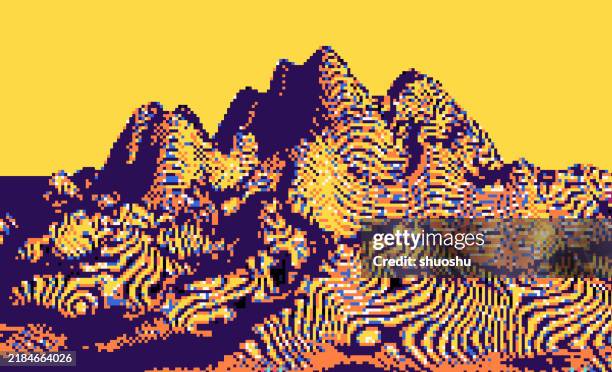 mountain pattern,virtual space,cyber art,psychedelic art,pixel art mosaic background - pixelated landscape stock illustrations